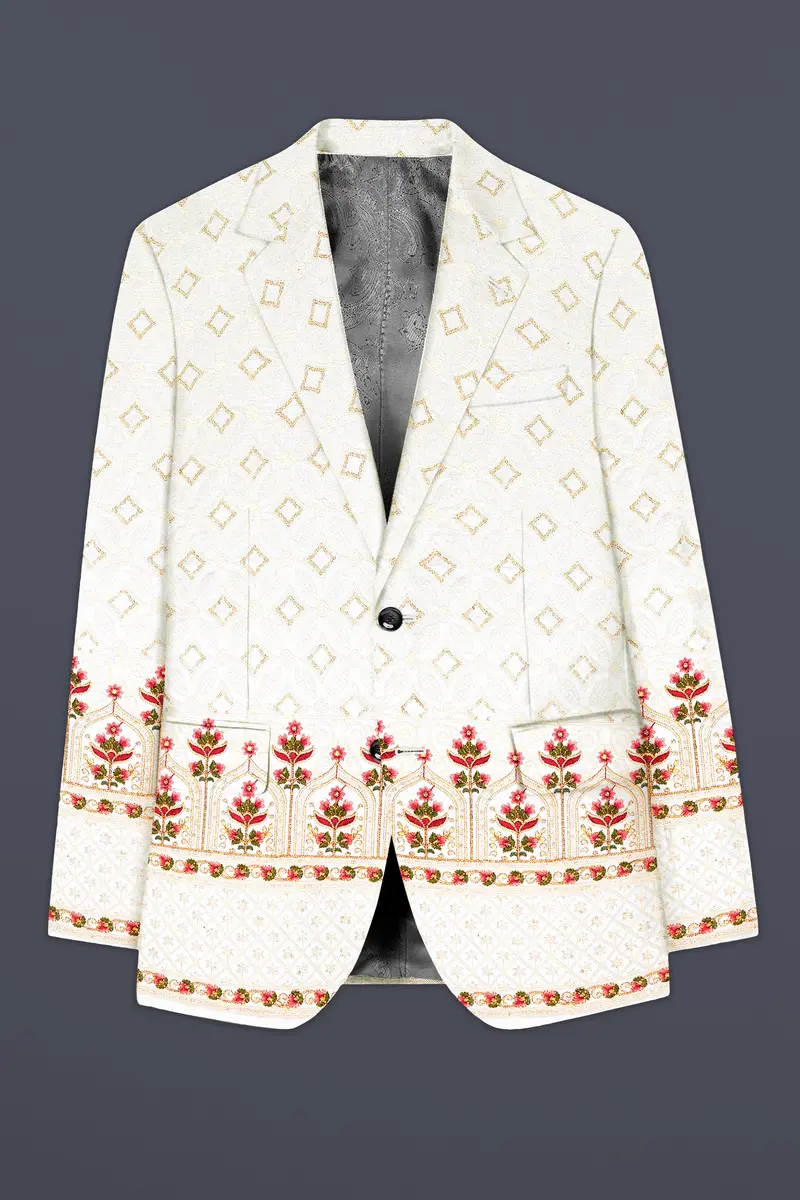 Off White And Sunset Pink Flower Multicolor Sequin And Thread Embroidered Single Breasted Suit 8
