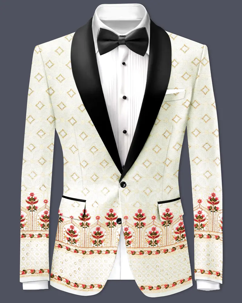 Off White And Sunset Pink Flower Multicolor Sequin And Thread Embroidered Tuxedo Blazer 1