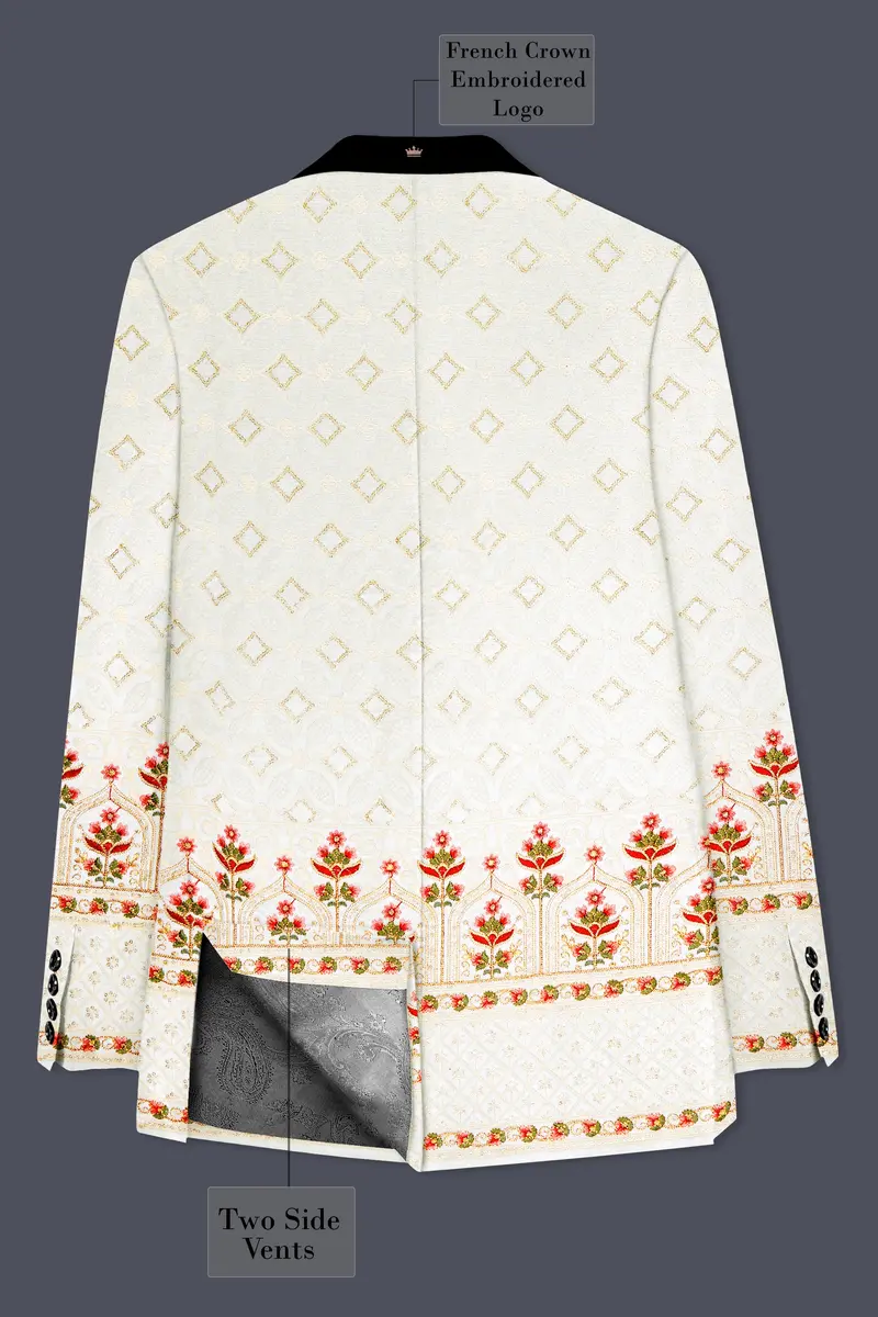Off White And Sunset Pink Flower Multicolor Sequin And Thread Embroidered Tuxedo Blazer 7