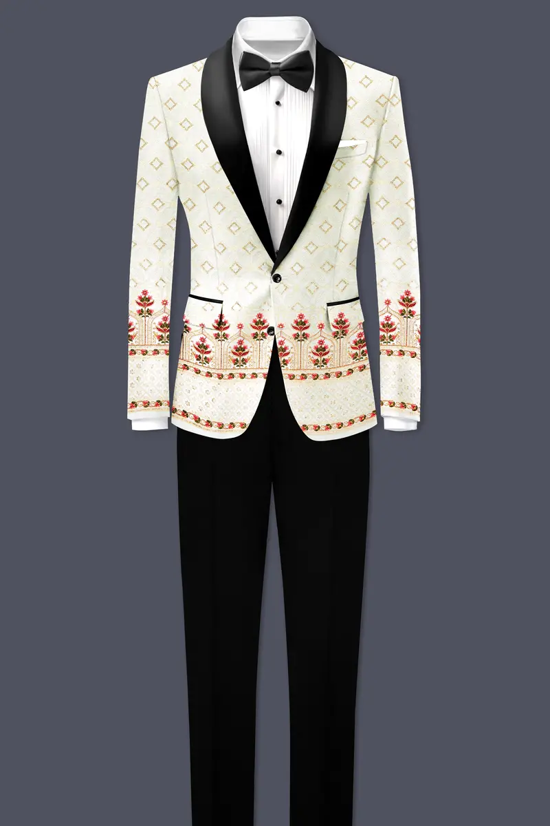 Off White And Sunset Pink Flower Multicolor Sequin And Thread Embroidered Tuxedo Blazer 8