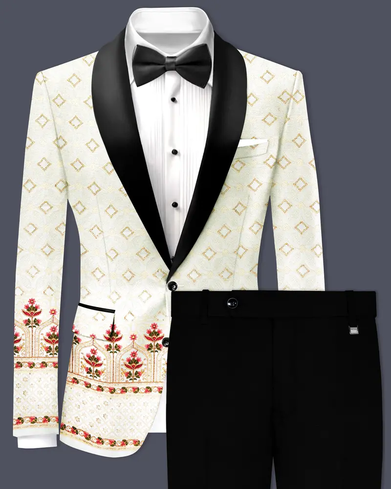 Off White And Sunset Pink Flower Multicolor Sequin And Thread Embroidered Tuxedo Suit 1