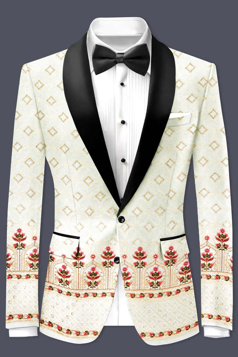 Off White And Sunset Pink Flower Multicolor Sequin And Thread Embroidered Tuxedo Suit 10
