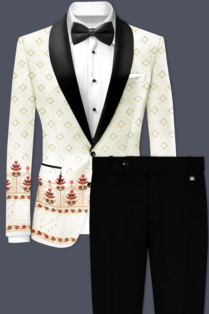 Off White And Sunset Pink Flower Multicolor Sequin And Thread Embroidered Tuxedo Suit 2