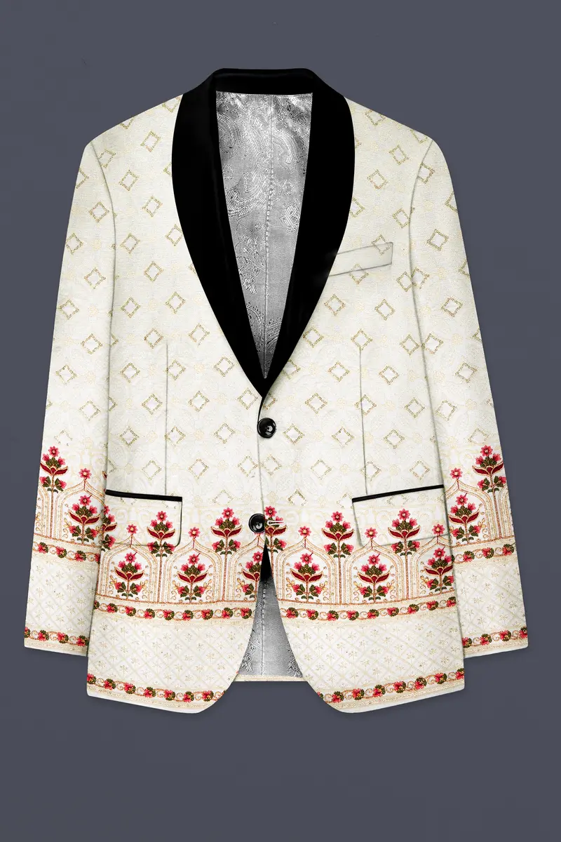 Off White And Sunset Pink Flower Multicolor Sequin And Thread Embroidered Tuxedo Suit 8