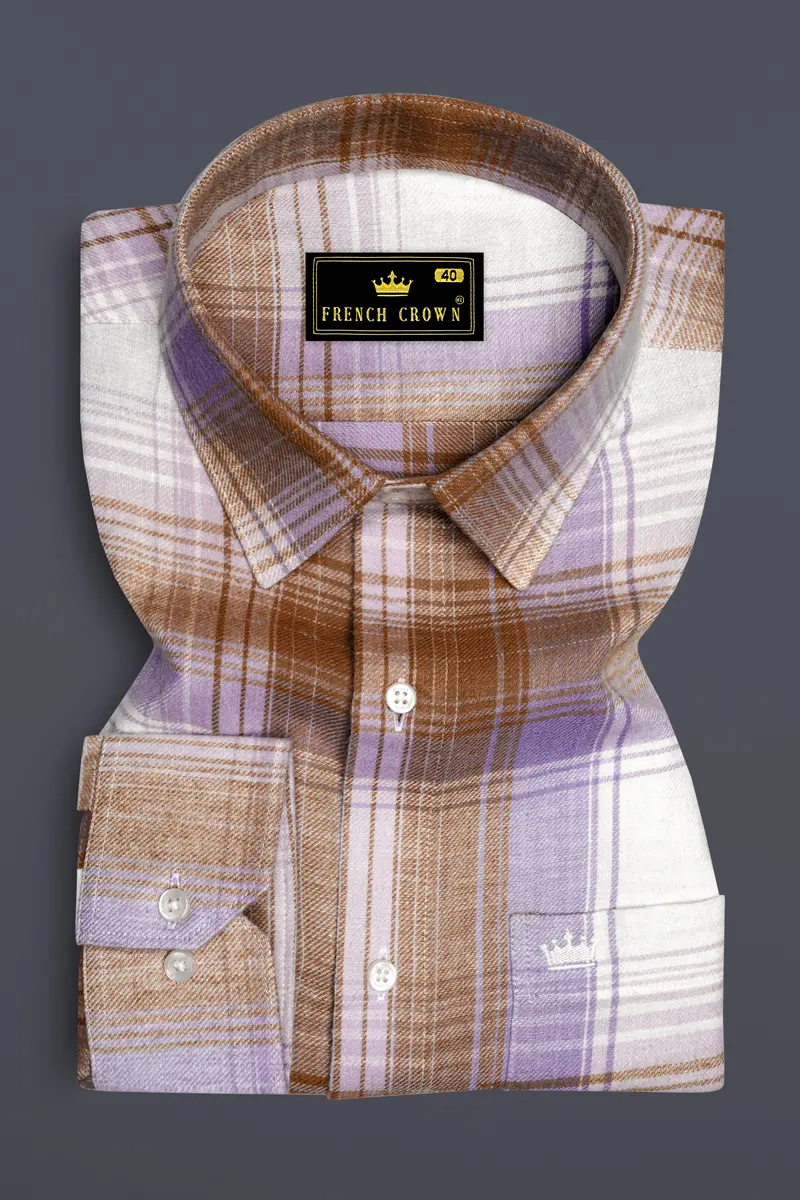 Off White And Vanilla Brown Plaid Flannel Shirt 4