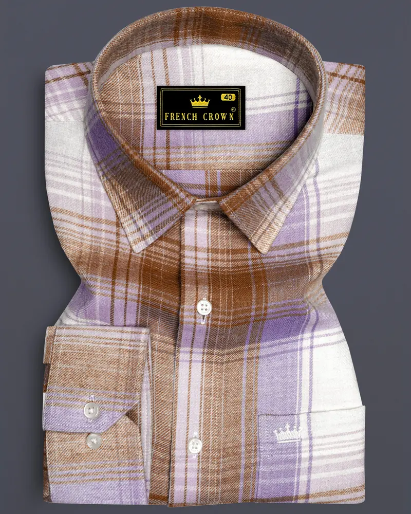 Off White And Vanilla Brown Plaid Flannel Shirt 6