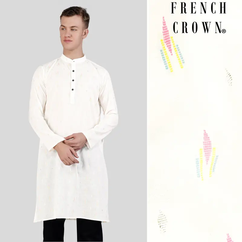 Off White Colorful And Silver Jacquard Textured Premium Giza Cotton Kurta 1