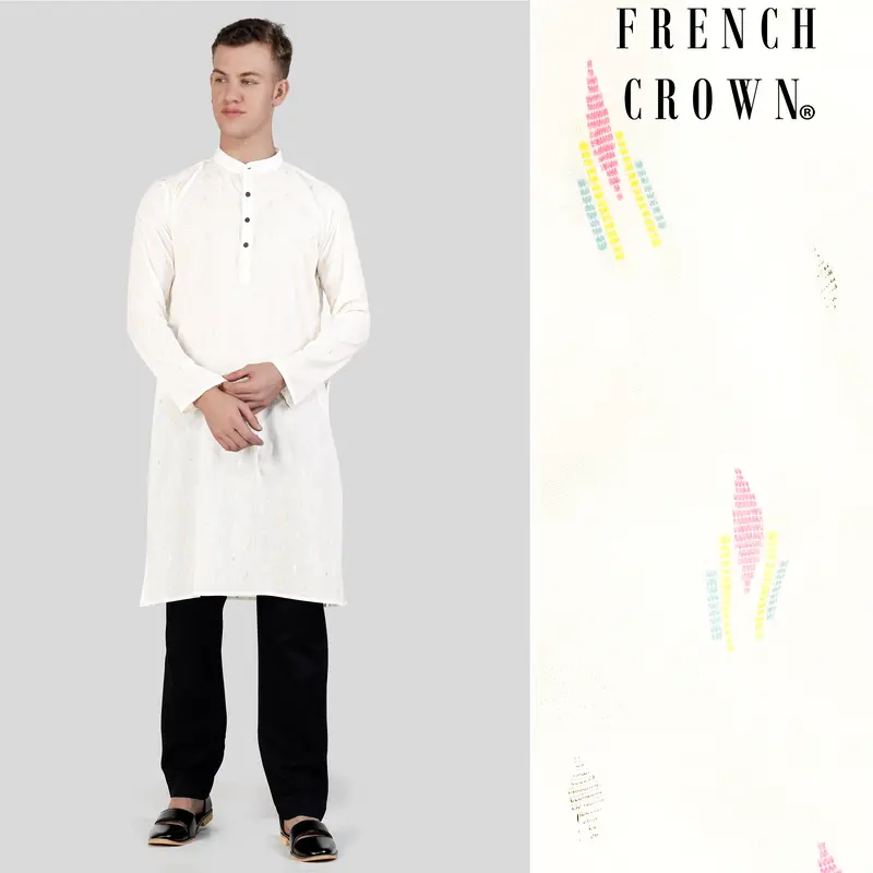 Off White Colorful And Silver Jacquard Textured Premium Giza Cotton Kurta Set 1
