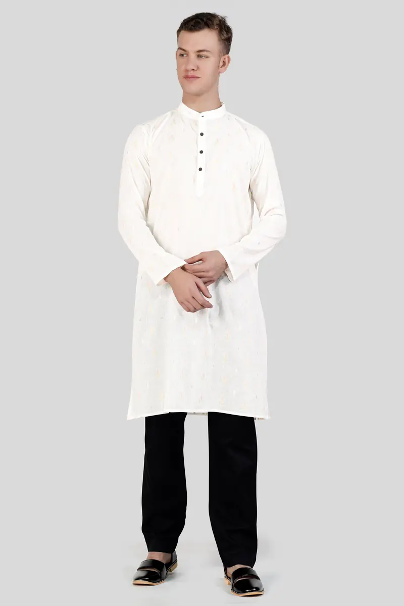 Off White Colorful And Silver Jacquard Textured Premium Giza Cotton Kurta Set 2