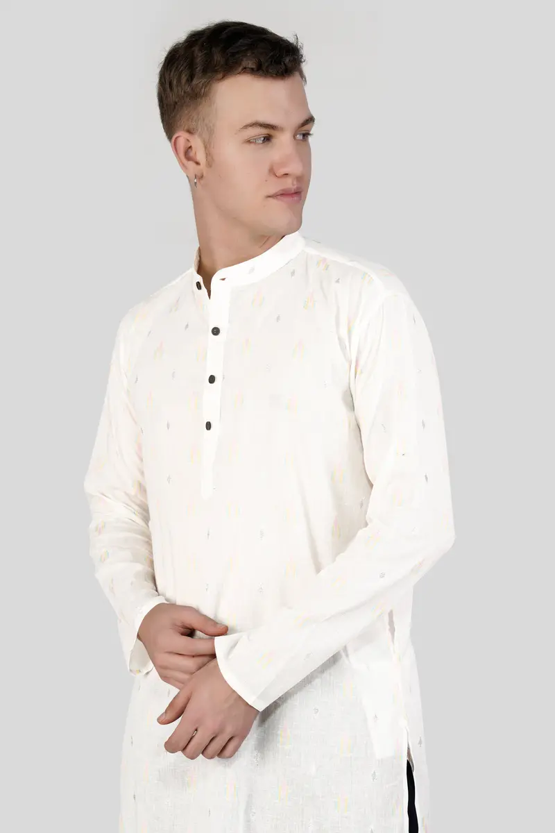 Off White Colorful And Silver Jacquard Textured Premium Giza Cotton Kurta Set 4