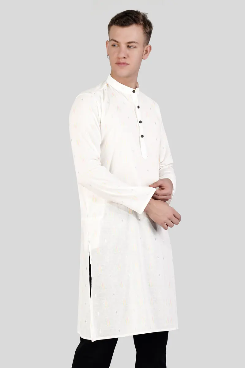 Off White Colorful And Silver Jacquard Textured Premium Giza Cotton Kurta Set 5