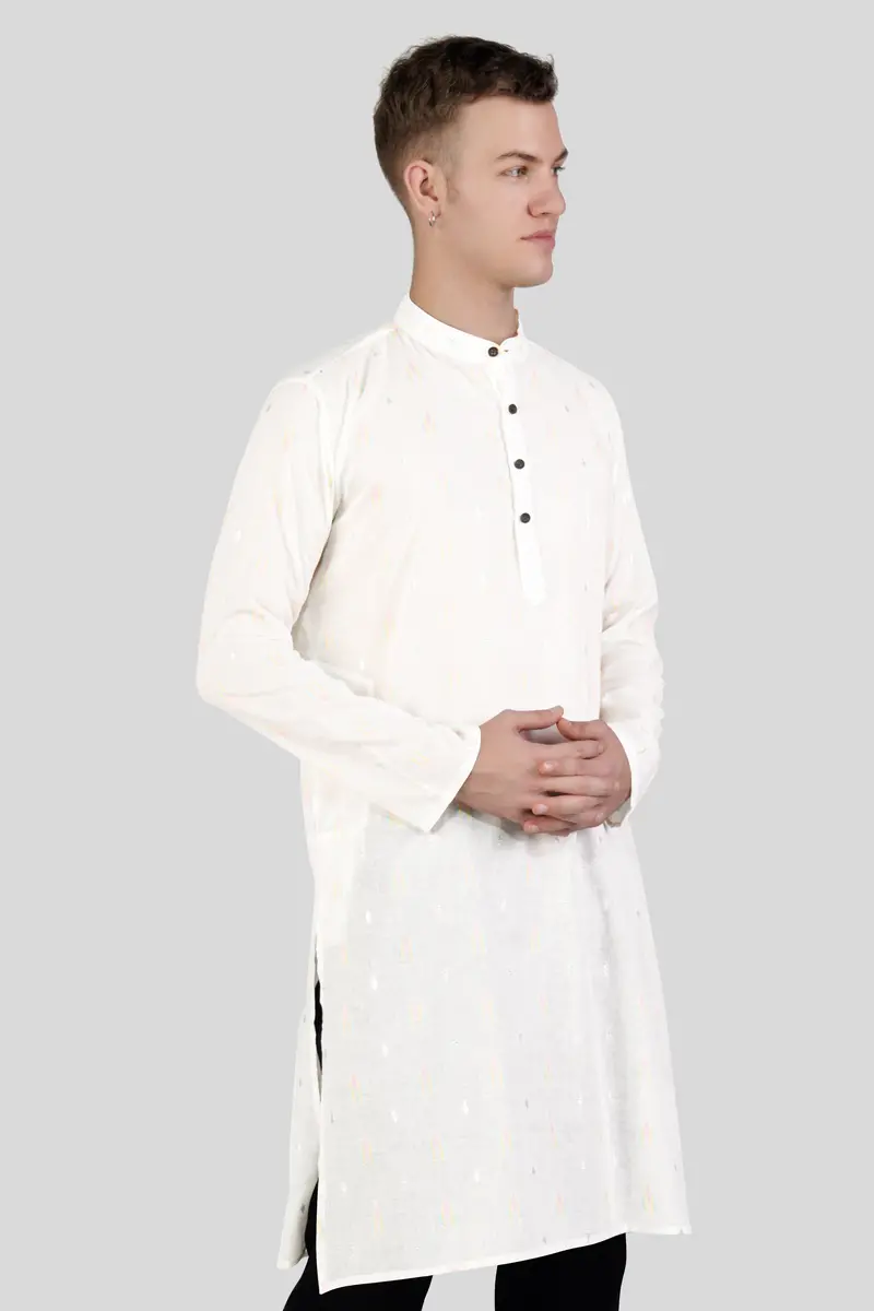 Off White Colorful And Silver Jacquard Textured Premium Giza Cotton Kurta Set 6