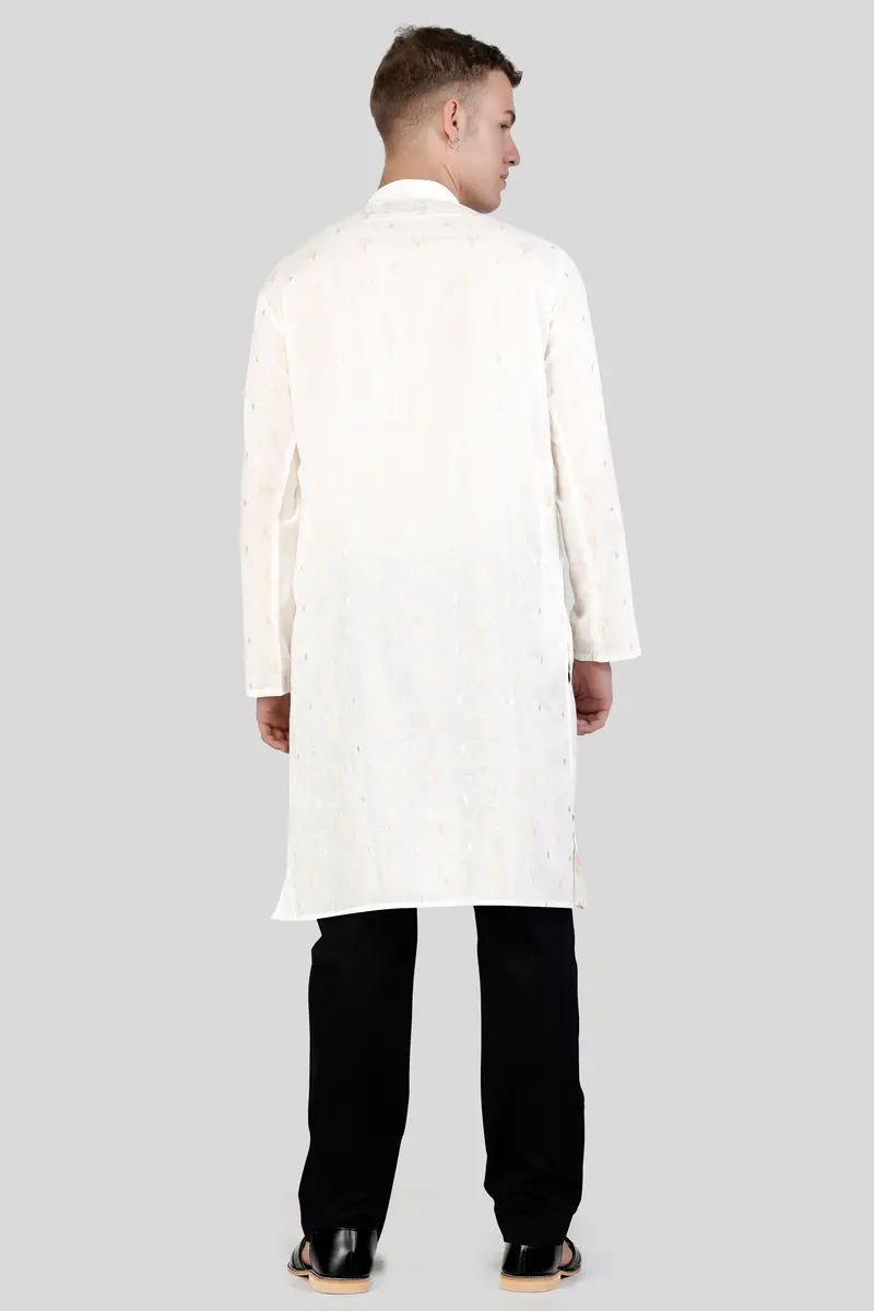 Off White Colorful And Silver Jacquard Textured Premium Giza Cotton Kurta Set 7