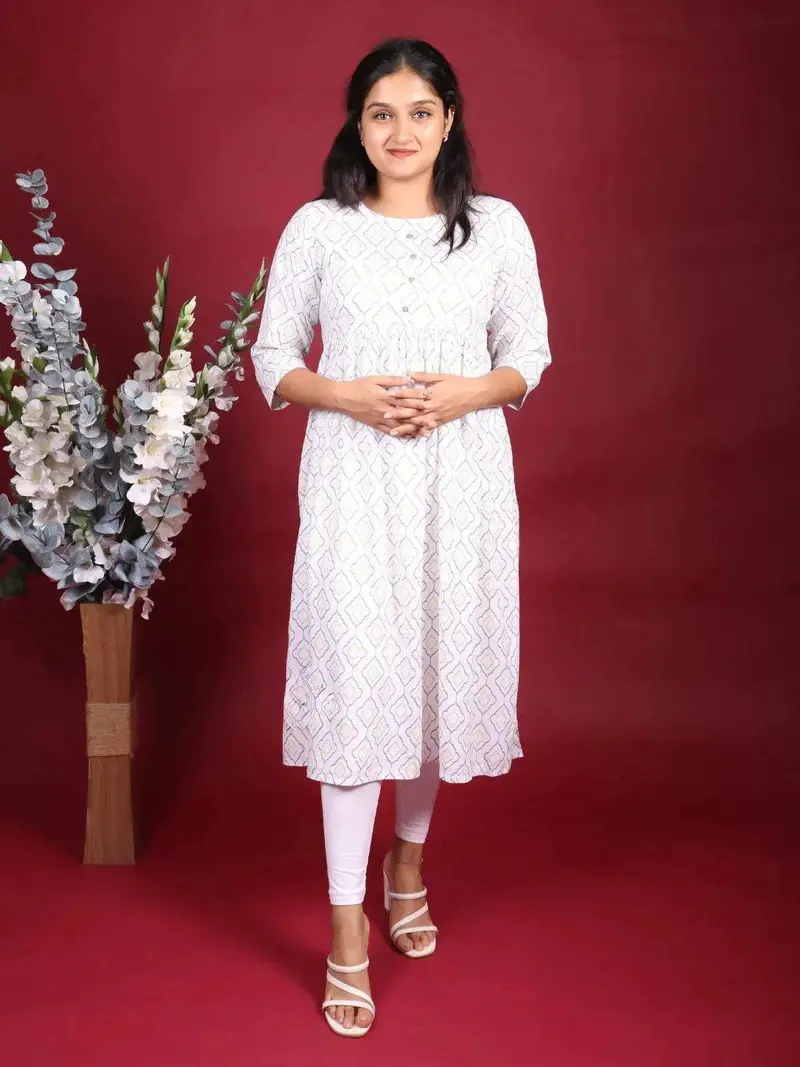 Off White Cotton Kurti Top Adorned With Design Prints 1