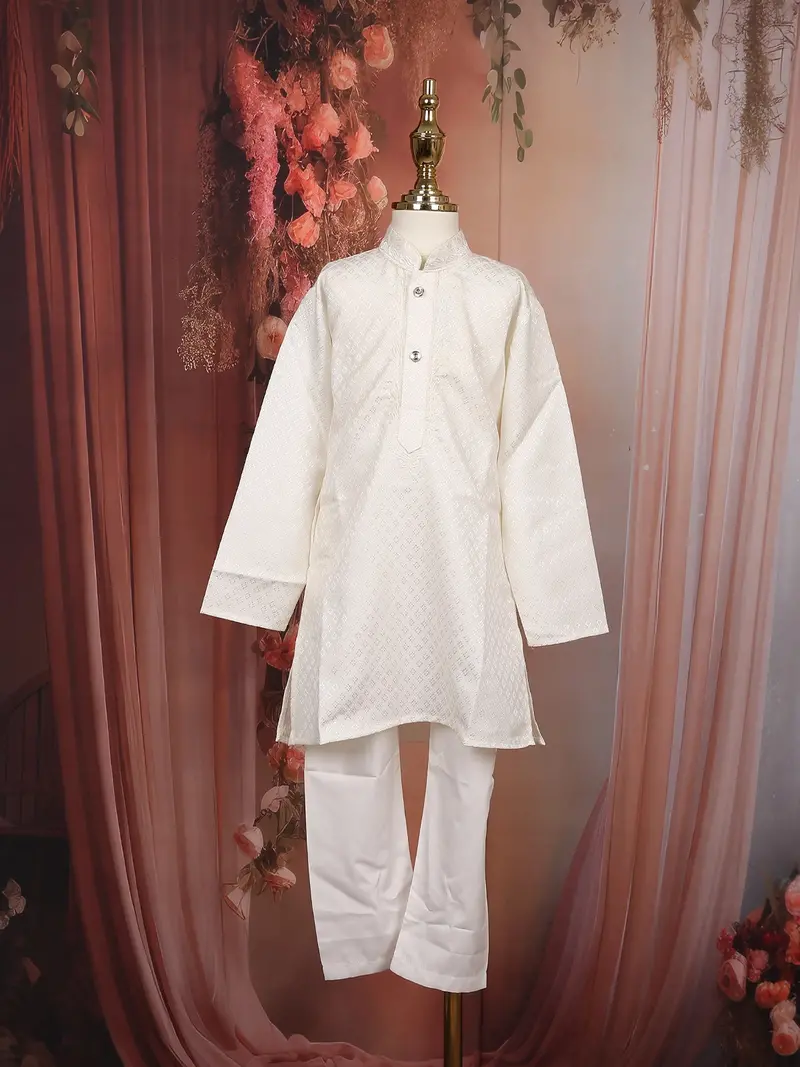 Off White Diamond Design Silk Kurta Set For Boys 1