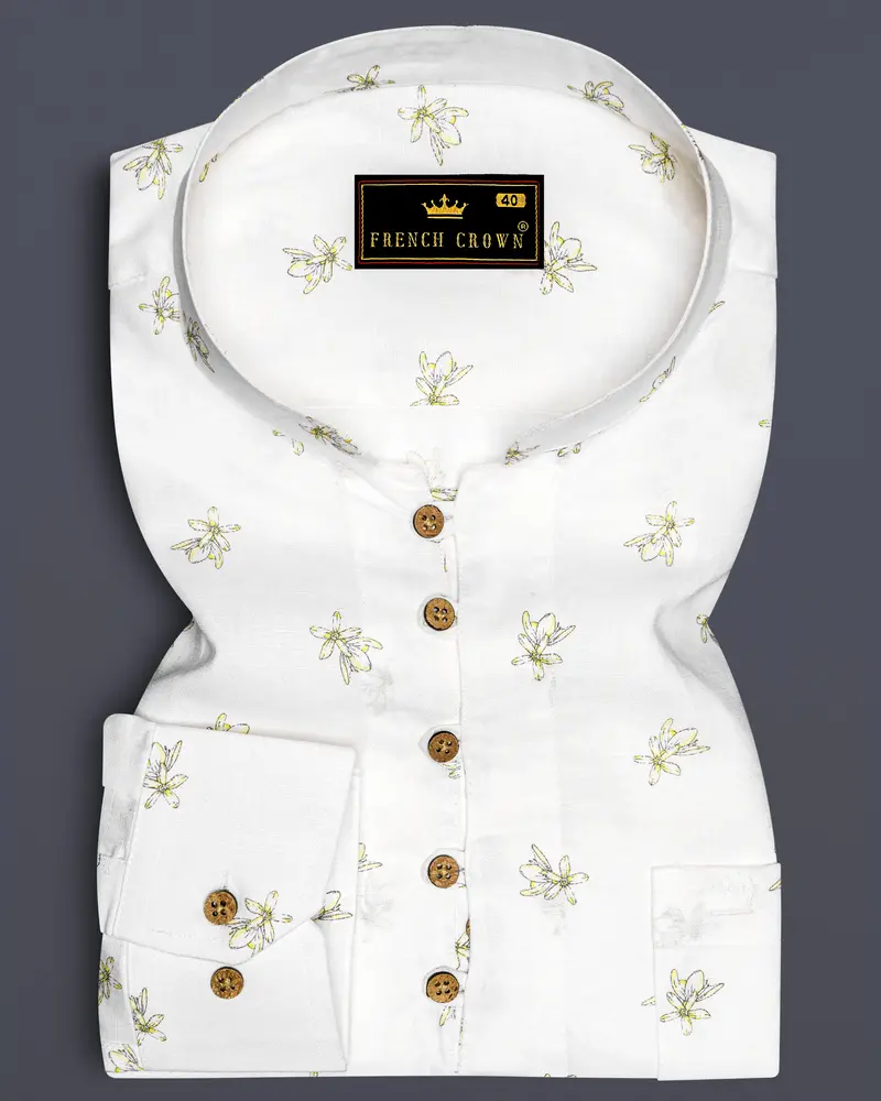 Off White Ditzy Floral Printed Luxurious Linen Kurta Shirt 1