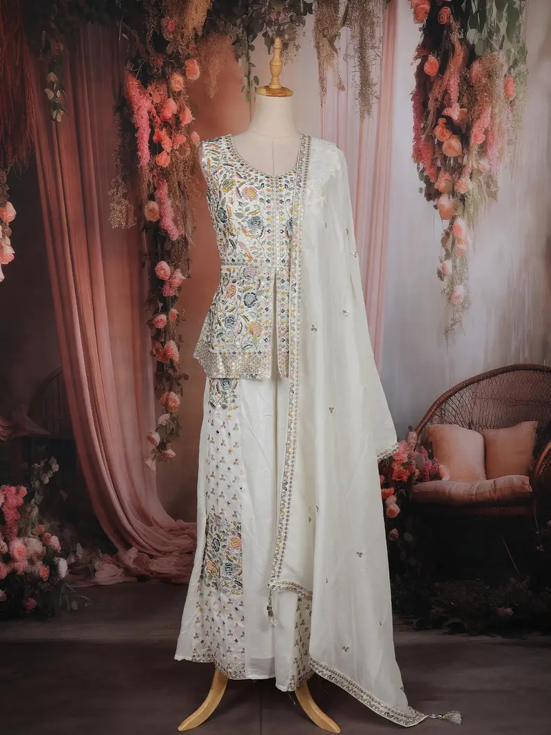 Off-White Floral And Sequin Embroidered Georgette Palazzo Suit With Dupatta 1