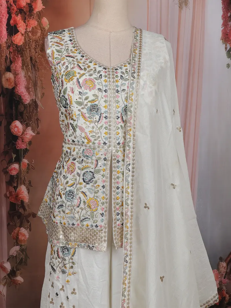 Off-White Floral And Sequin Embroidered Georgette Palazzo Suit With Dupatta 2