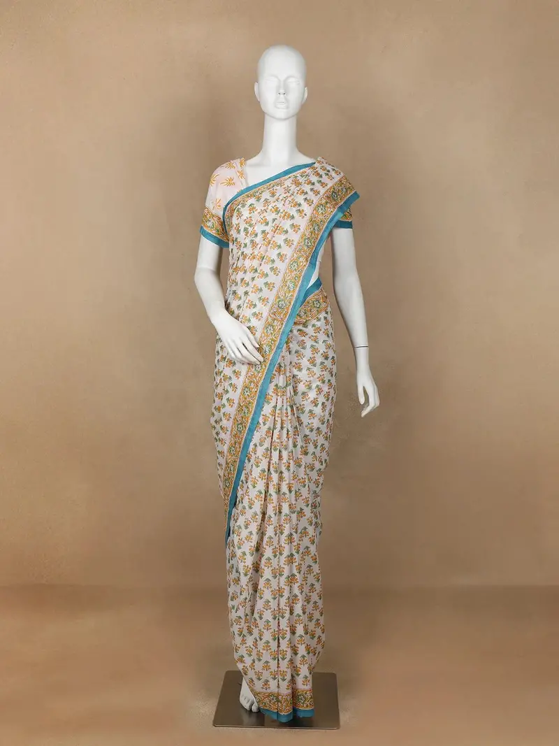 Off-White Floral Design Cotton Saree 1