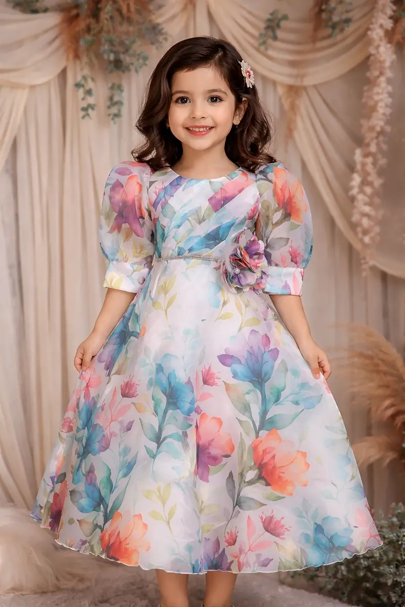Off White Floral Design Kids Satin Gown 1
