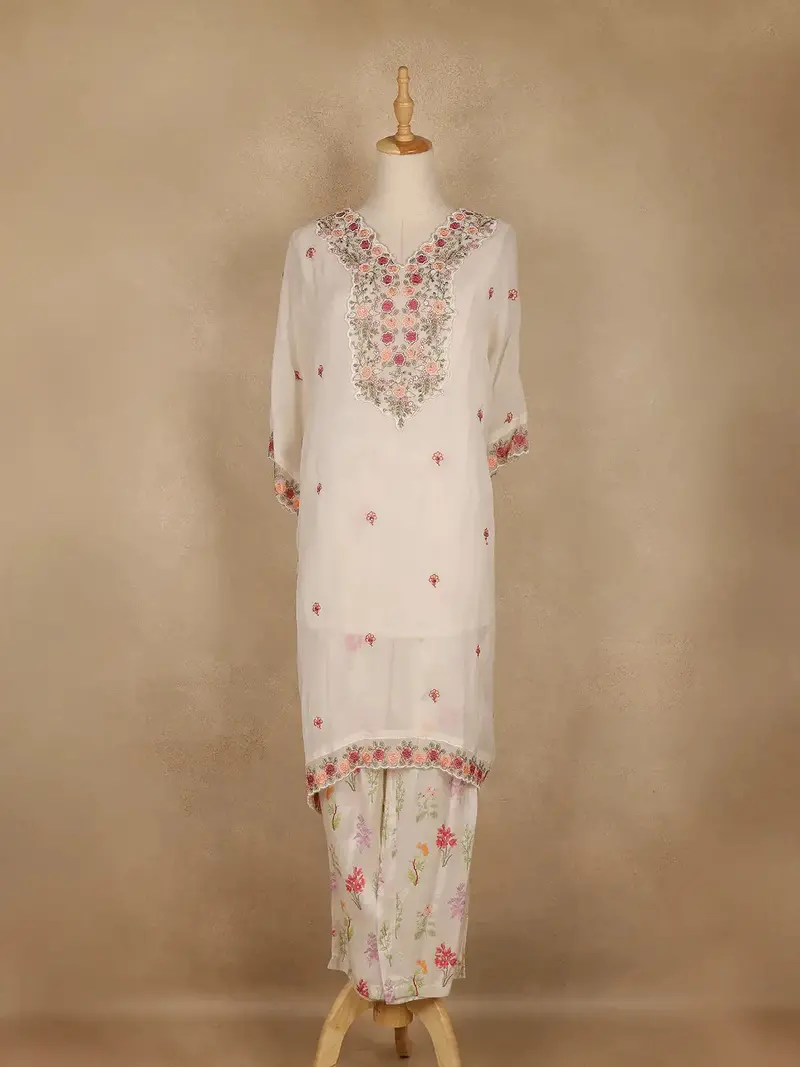 Off White Floral Embroidered Georgette Kaftan Suit 1