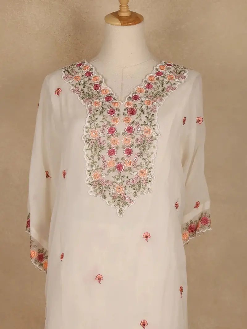 Off White Floral Embroidered Georgette Kaftan Suit 2