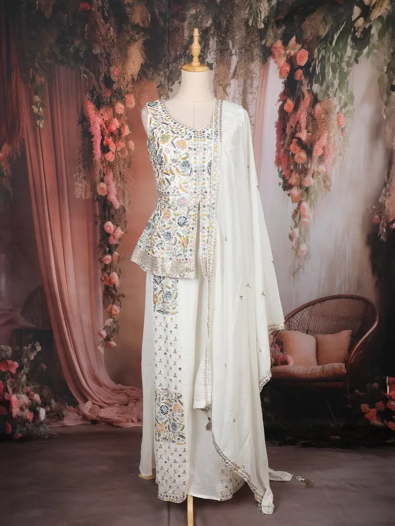 Off-White Floral Embroidered Georgette Peplum Palazzo Suit With Dupatta 1