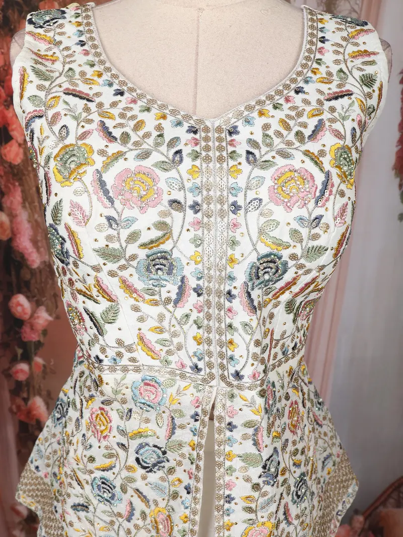 Off-White Floral Embroidered Georgette Peplum Palazzo Suit With Dupatta 2