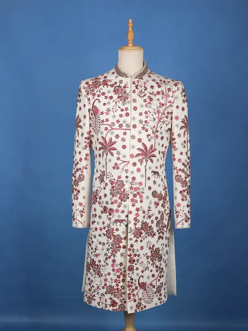 Off-White Floral Embroidered Viscose Sherwani Suit 1