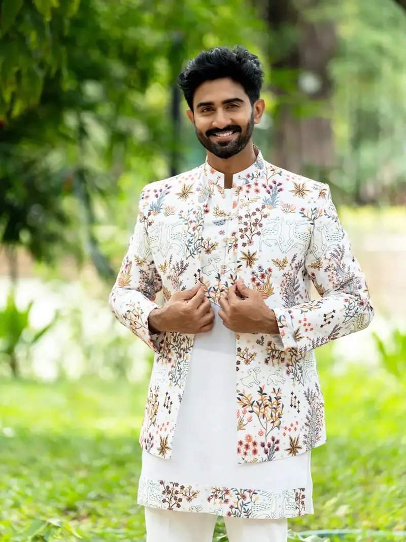 Off White Floral Embroidery Georgette Sherwani And Pant Set 1