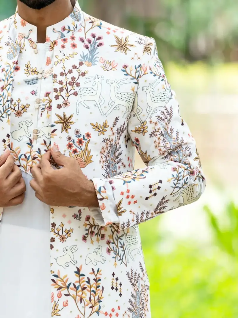 Off White Floral Embroidery Georgette Sherwani And Pant Set 4