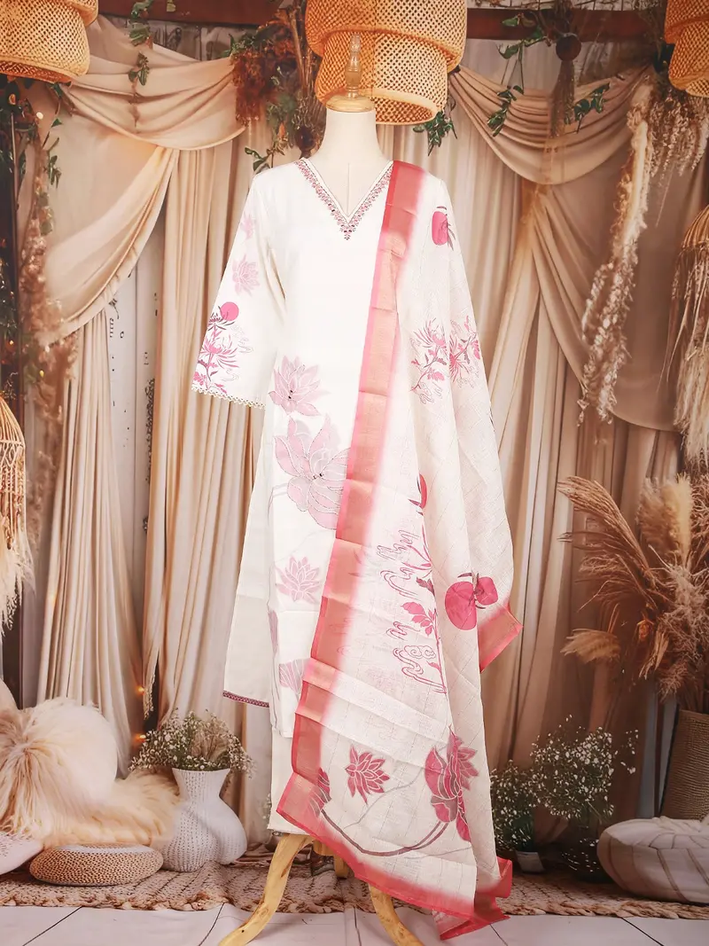 Off-White Floral Printed Cotton Salwar Suit 1