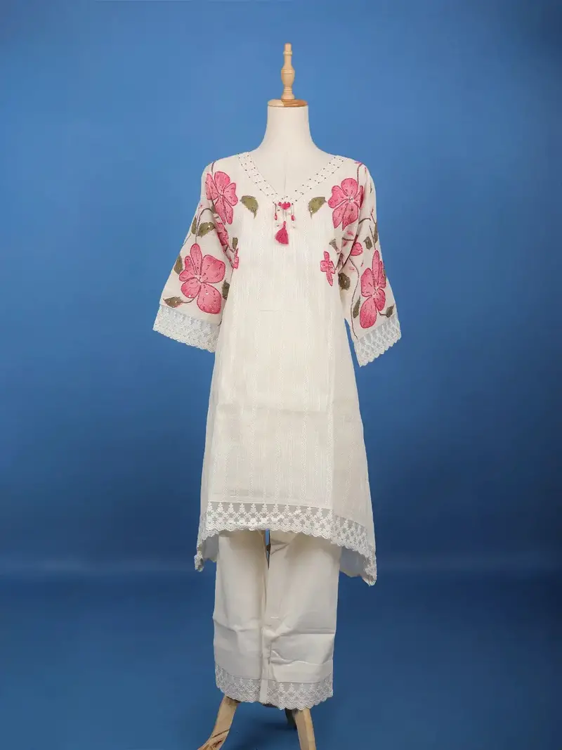 Off White Floral Printed Cotton Salwar Suit 1