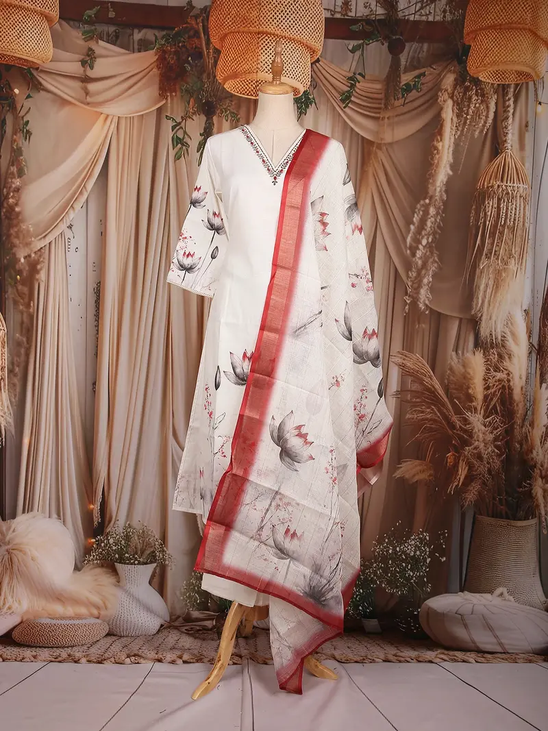Off-White Floral Printed Cotton Salwar Suit 1