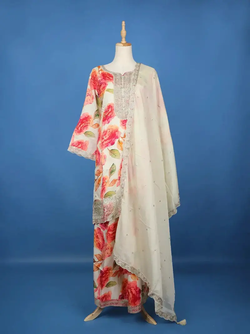 Off White Floral Printed Georgette Palazzo Salwar Suit 1