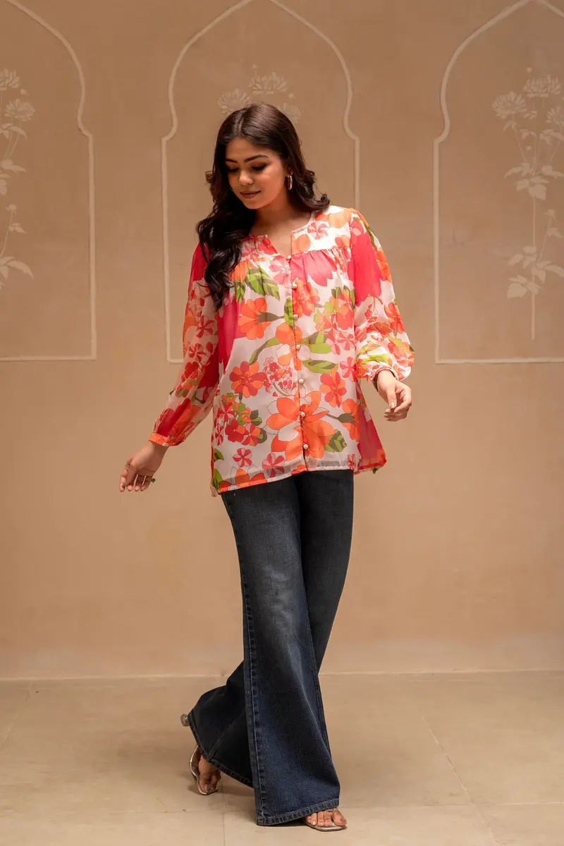 Off-White Floral Printed Georgette Top 4