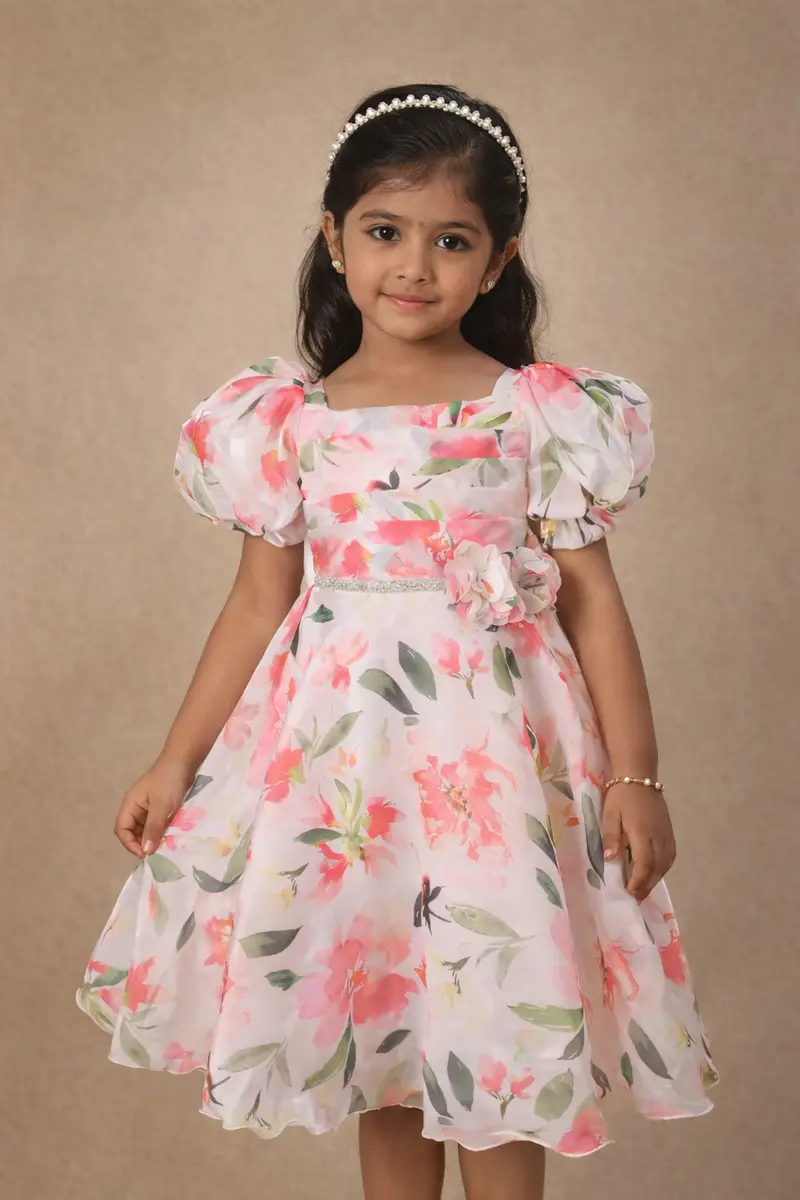 Off White Floral Printed Kids Satin Gown 1