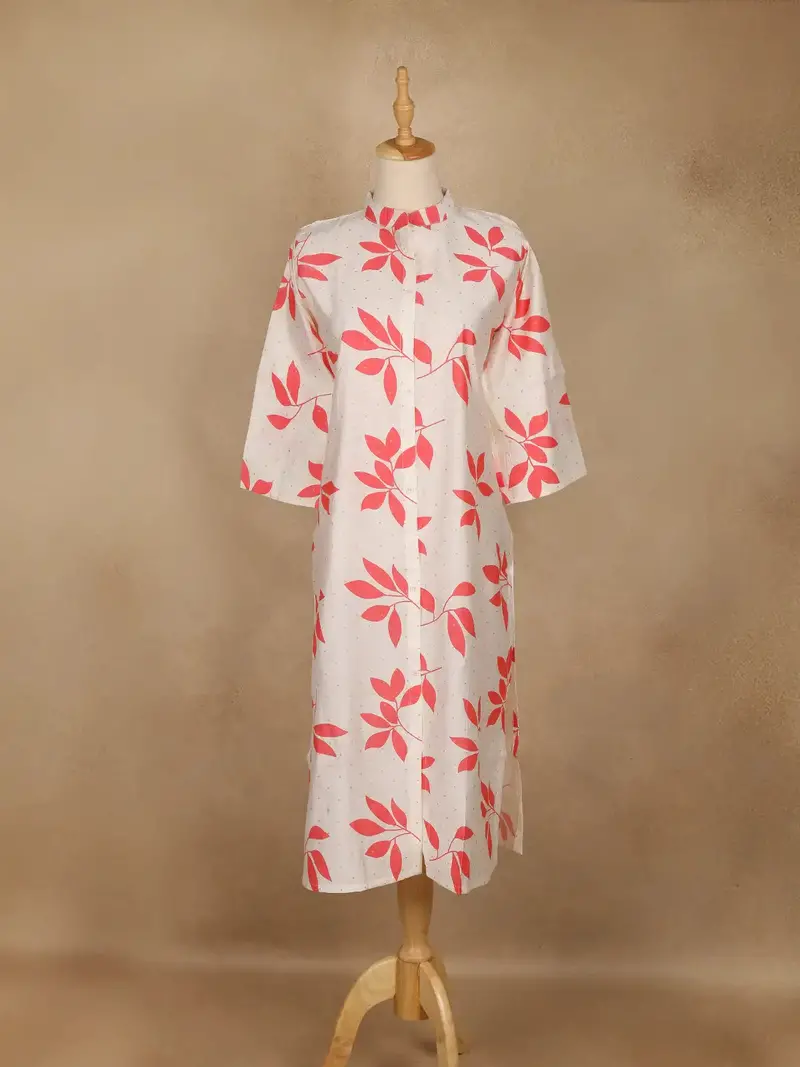 Off White Leaf Design Printed Cotton Kurti 1