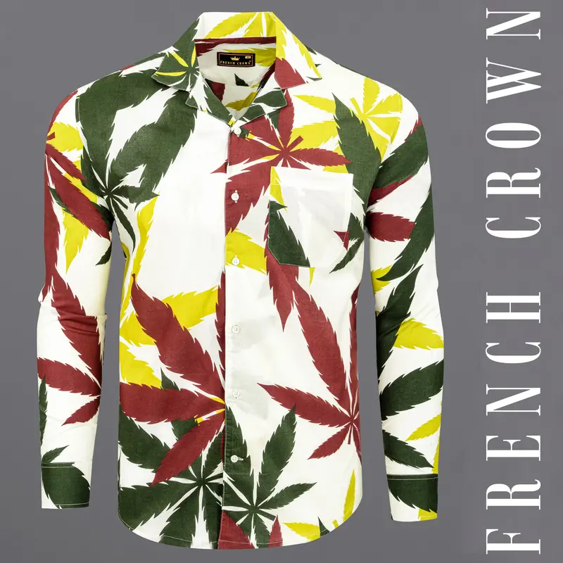 Off White Leaves Printed Lightweight Premium Cotton Shirt 1