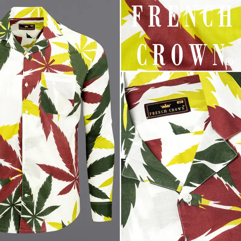 Off White Leaves Printed Lightweight Premium Cotton Shirt 9