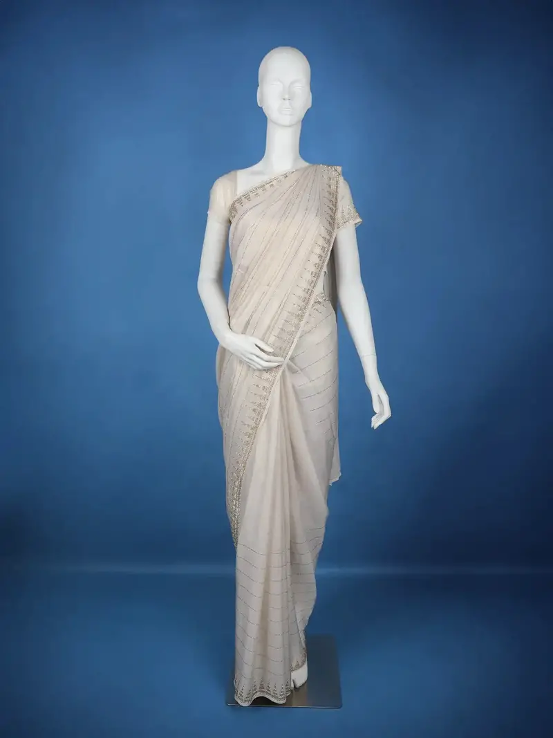 Off-White Lined Sequins Organza Designer Saree 1