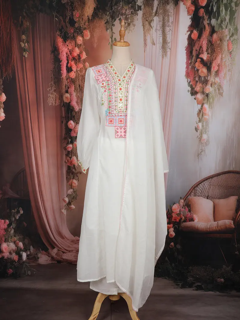 Off-White Multicolor Embroidered Cotton Salwar Suit With Dupatta 1