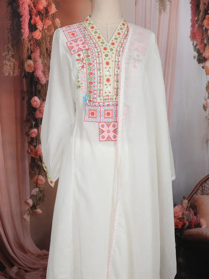 Off-White Multicolor Embroidered Cotton Salwar Suit With Dupatta 2