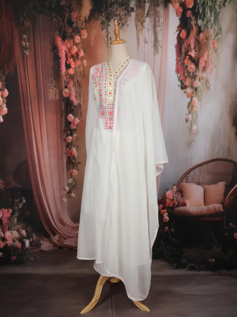 Off-White Multicolor Embroidered Cotton Salwar Suit With Dupatta 3