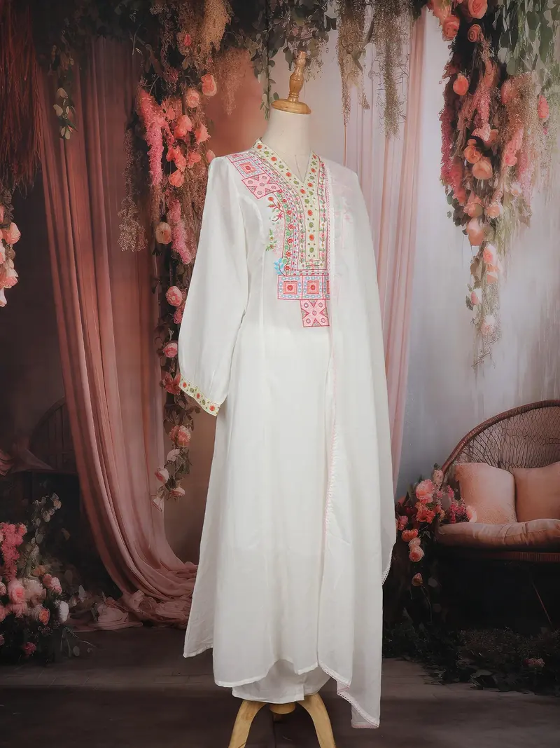 Off-White Multicolor Embroidered Cotton Salwar Suit With Dupatta 4