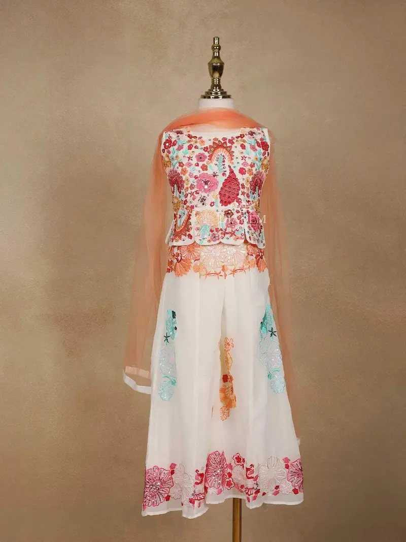 Off-White Net Sharara Suit Adorned With Floral Embroidery And Mirrorwork, Paired With Dupatta 1
