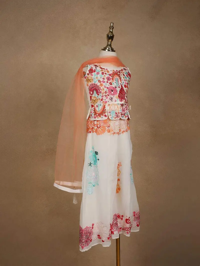 Off-White Net Sharara Suit Adorned With Floral Embroidery And Mirrorwork, Paired With Dupatta 2