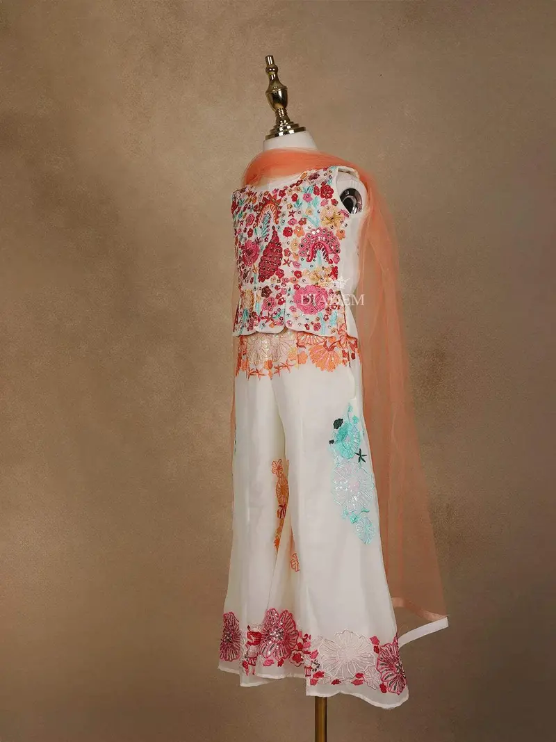Off-White Net Sharara Suit Adorned With Floral Embroidery And Mirrorwork, Paired With Dupatta 3