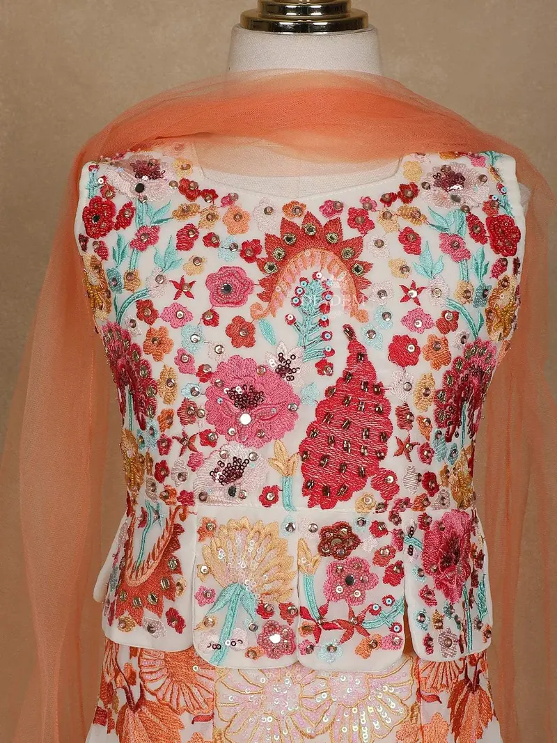 Off-White Net Sharara Suit Adorned With Floral Embroidery And Mirrorwork, Paired With Dupatta 4