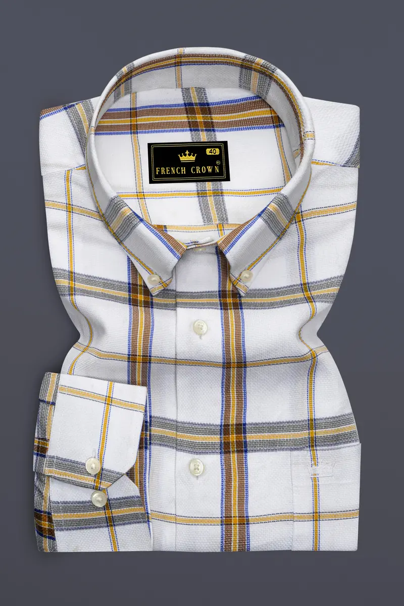 Off White Plaid Dobby Textured Premium Giza Cotton Shirt 4